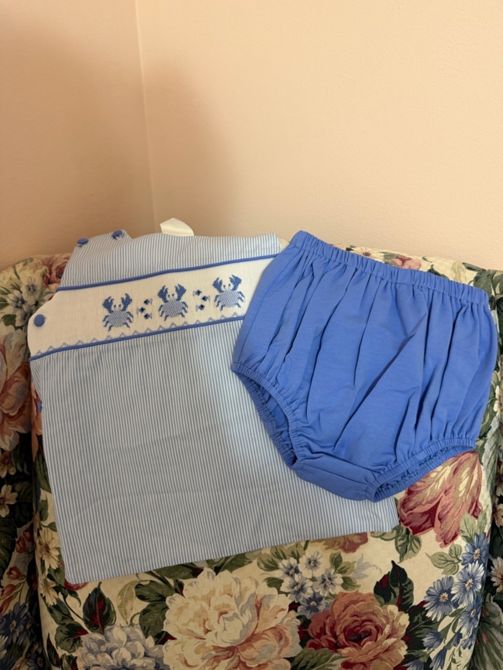Blue Crab Smocked Baby Bloomer Set